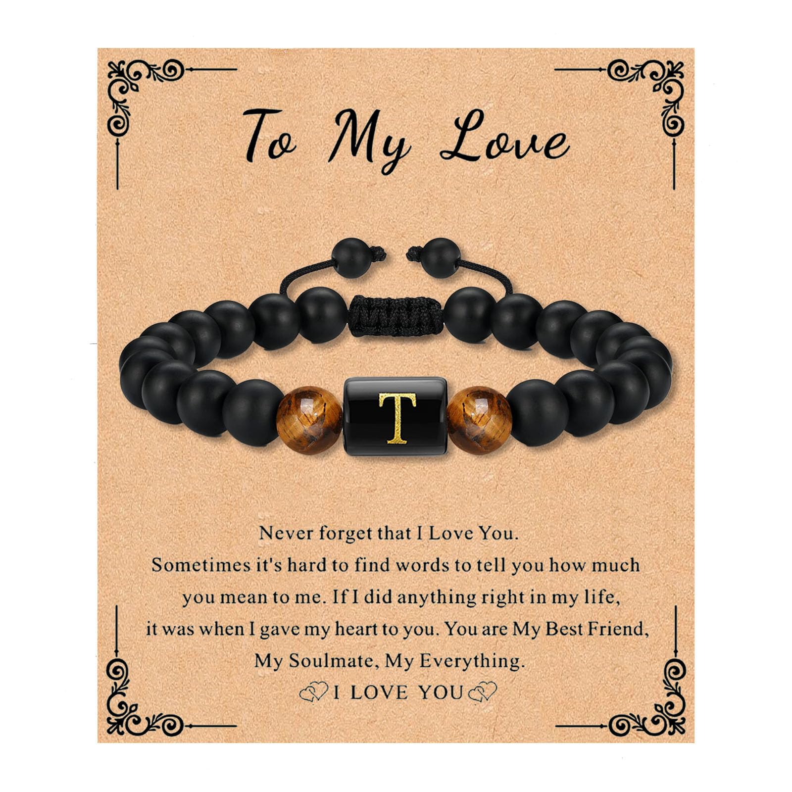 Bead Bracelet for Mens Gifts Black Agate Stone Bracelet With Initial