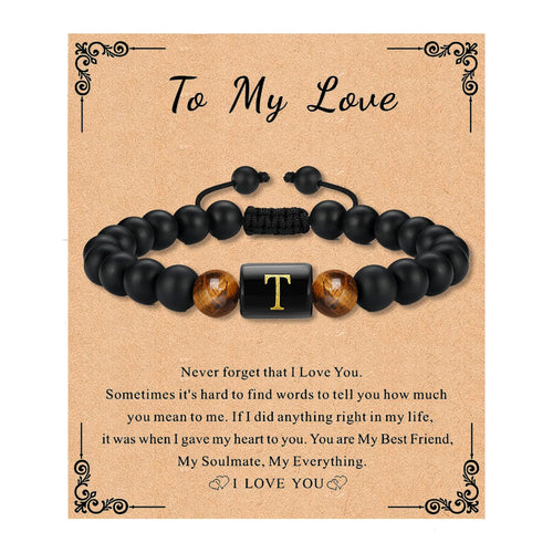 Bead Bracelet for Mens Gifts Black Agate Stone Bracelet With Initial