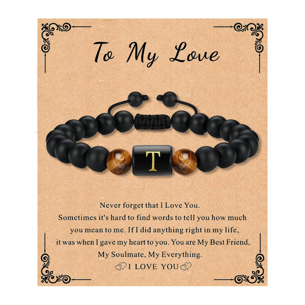 Bead Bracelet for Mens Gifts Black Agate Stone Bracelet With Initial