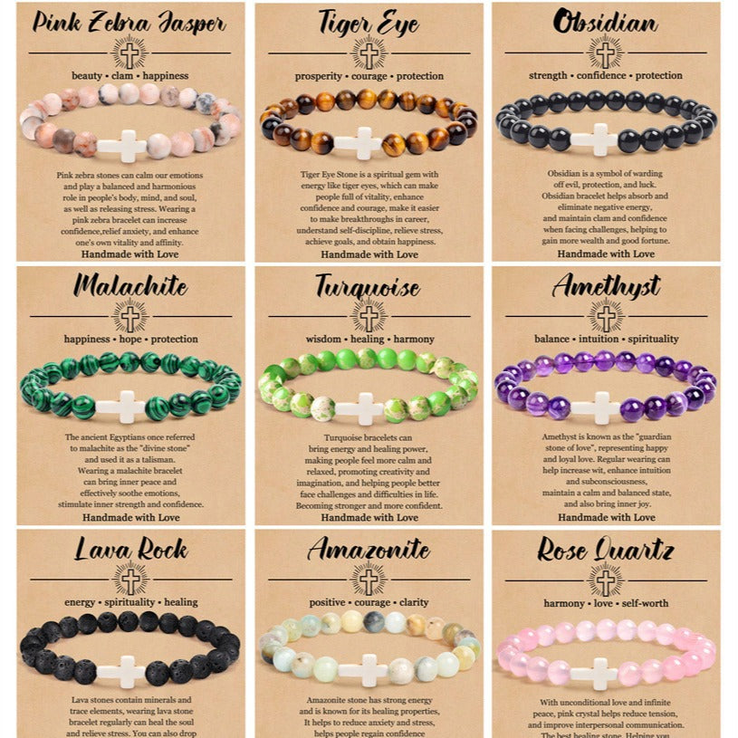 8mm Natural Stone Cross Bracelet for Men and Women